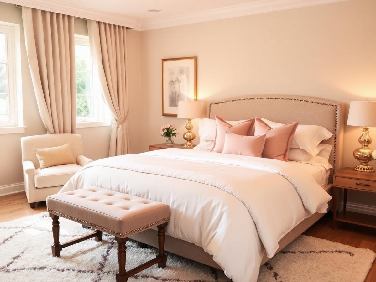 Private resident bedroom with ivory linens and soft blush accents