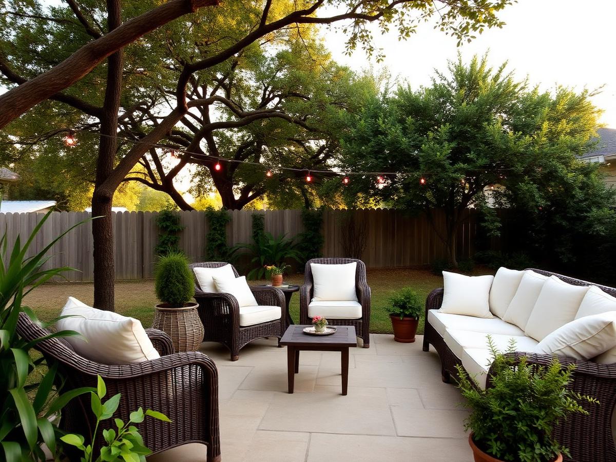 Shaded backyard patio with comfortable seating and greenery