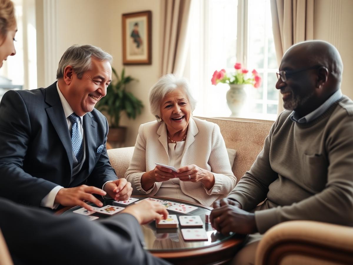 Residents laughing together over a card game in the sitting room